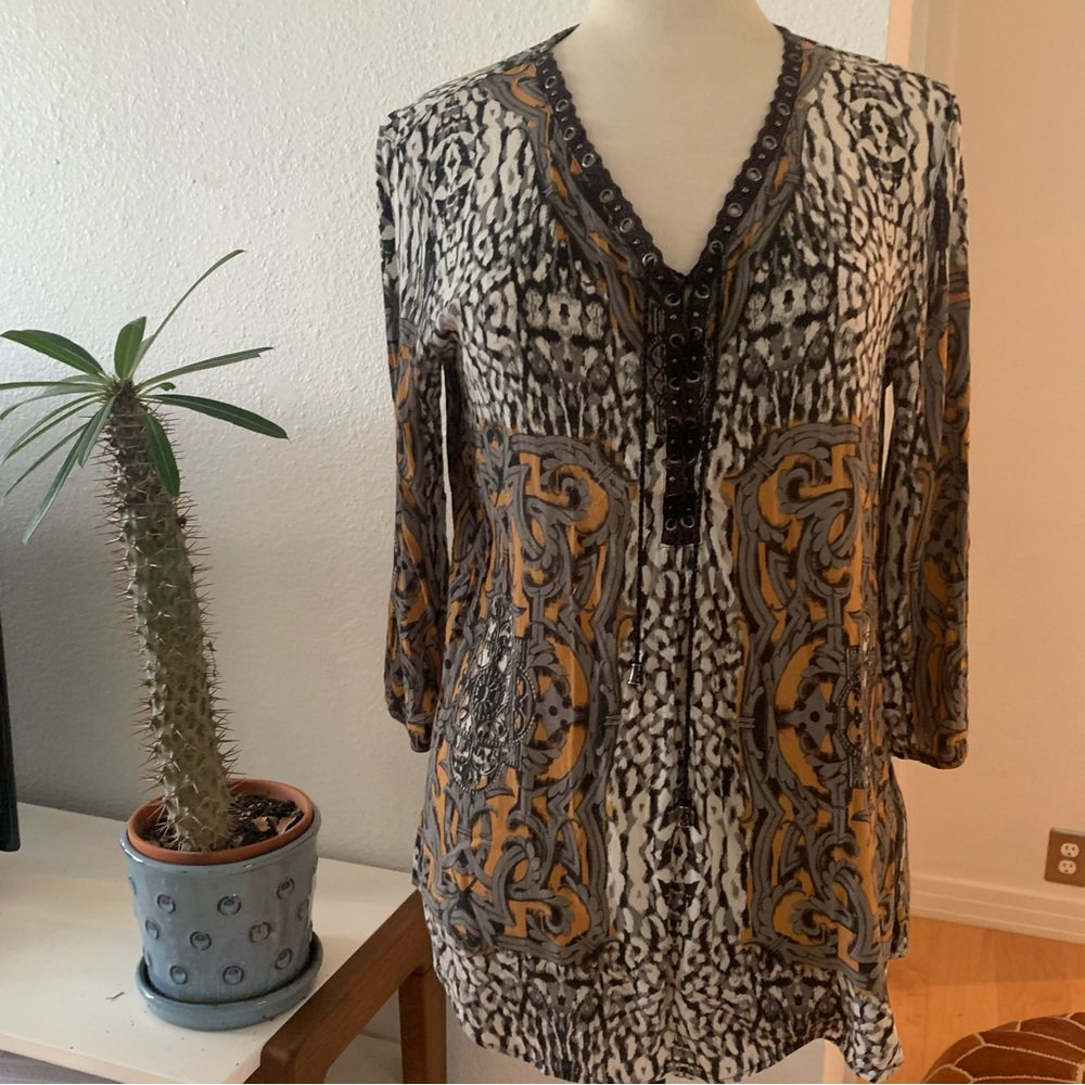 BiBA. Grey white black and mustard tunic top; V-neck rope tie and embellishment